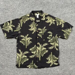 Vintage Breakwater Hawaiian Button Shirt Mens Medium Black Palm Tree Rayon Camp